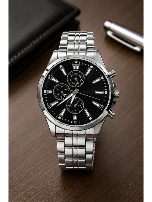 Erkek Gümüş Renk Metal Kordon Analog Kol Saati Takvim Göstergeli Siyah Kadran - Gümüş
