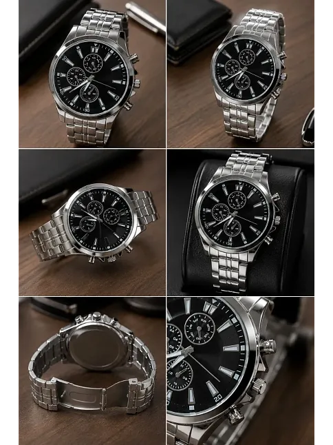 Erkek Gümüş Renk Metal Kordon Analog Kol Saati Takvim Göstergeli Siyah Kadran - Gümüş