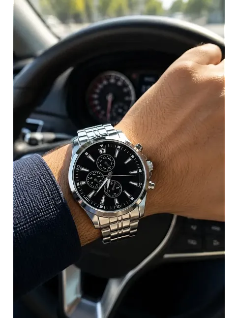 Erkek Gümüş Renk Metal Kordon Analog Kol Saati Takvim Göstergeli Siyah Kadran - Gümüş
