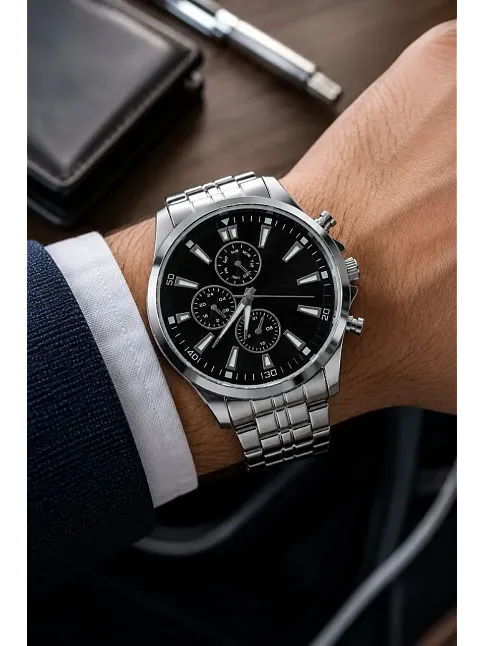Erkek Gümüş Renk Metal Kordon Analog Kol Saati Takvim Göstergeli Siyah Kadran - Gümüş