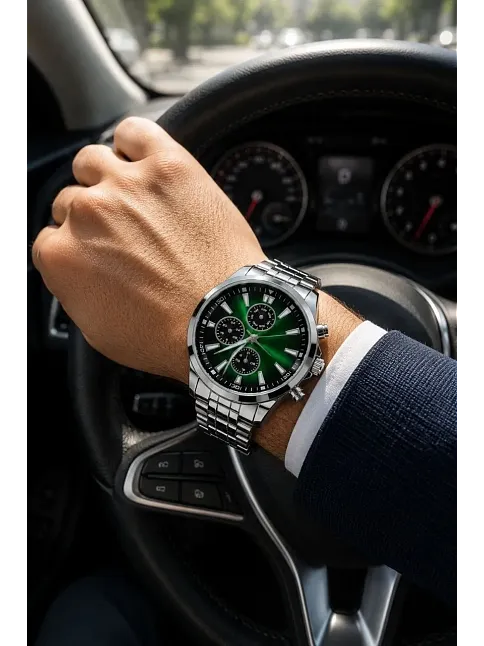 Erkek Gümüş Renk Metal Kordon Analog Kol Saati Takvim Göstergeli Yeşil Siyah Kadran - Gümüş