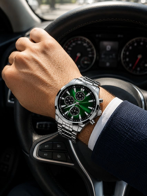 Erkek Gümüş Renk Metal Kordon Analog Kol Saati Takvim Göstergeli Yeşil Siyah Kadran - Gümüş