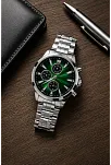 Erkek Gümüş Renk Metal Kordon Analog Kol Saati Takvim Göstergeli Yeşil Siyah Kadran - Gümüş