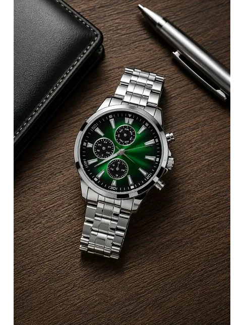 Erkek Gümüş Renk Metal Kordon Analog Kol Saati Takvim Göstergeli Yeşil Siyah Kadran - Gümüş