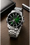 Erkek Gümüş Renk Metal Kordon Analog Kol Saati Takvim Göstergeli Yeşil Siyah Kadran - Gümüş