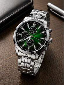 Erkek Gümüş Renk Metal Kordon Analog Kol Saati Takvim Göstergeli Yeşil Siyah Kadran - Gümüş