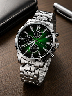 Erkek Gümüş Renk Metal Kordon Analog Kol Saati Takvim Göstergeli Yeşil Siyah Kadran - Gümüş