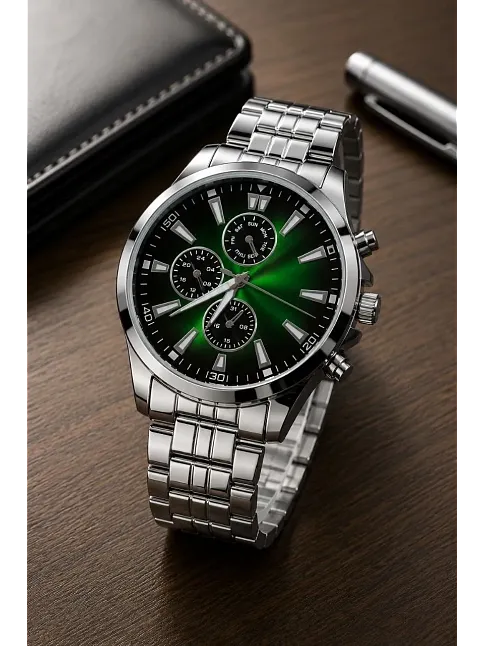 Erkek Gümüş Renk Metal Kordon Analog Kol Saati Takvim Göstergeli Yeşil Siyah Kadran - Gümüş