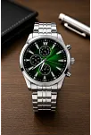 Erkek Gümüş Renk Metal Kordon Analog Kol Saati Takvim Göstergeli Yeşil Siyah Kadran - Gümüş