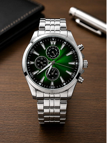Erkek Gümüş Renk Metal Kordon Analog Kol Saati Takvim Göstergeli Yeşil Siyah Kadran - Gümüş