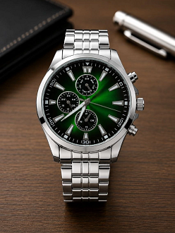 Erkek Gümüş Renk Metal Kordon Analog Kol Saati Takvim Göstergeli Yeşil Siyah Kadran - Gümüş