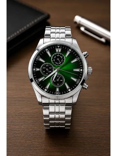 Erkek Gümüş Renk Metal Kordon Analog Kol Saati Takvim Göstergeli Yeşil Siyah Kadran - Gümüş