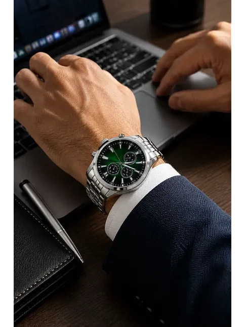 Erkek Gümüş Renk Metal Kordon Analog Kol Saati Takvim Göstergeli Yeşil Siyah Kadran - Gümüş