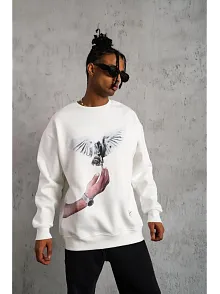 Erkek Güvercin Baskılı 3 İplik Pamuklu Bisiklet Yaka Sweatshirt - Beyaz
