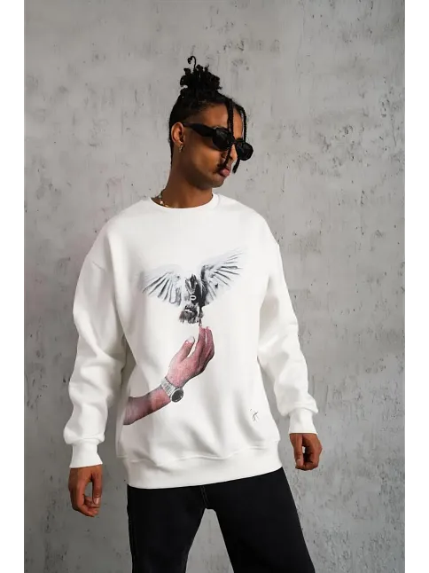 Erkek Güvercin Baskılı 3 İplik Pamuklu Bisiklet Yaka Sweatshirt - Beyaz