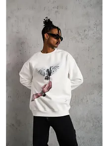 Erkek Güvercin Baskılı 3 İplik Pamuklu Bisiklet Yaka Sweatshirt - Beyaz