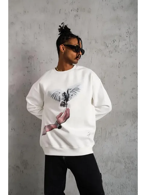 Erkek Güvercin Baskılı 3 İplik Pamuklu Bisiklet Yaka Sweatshirt - Beyaz