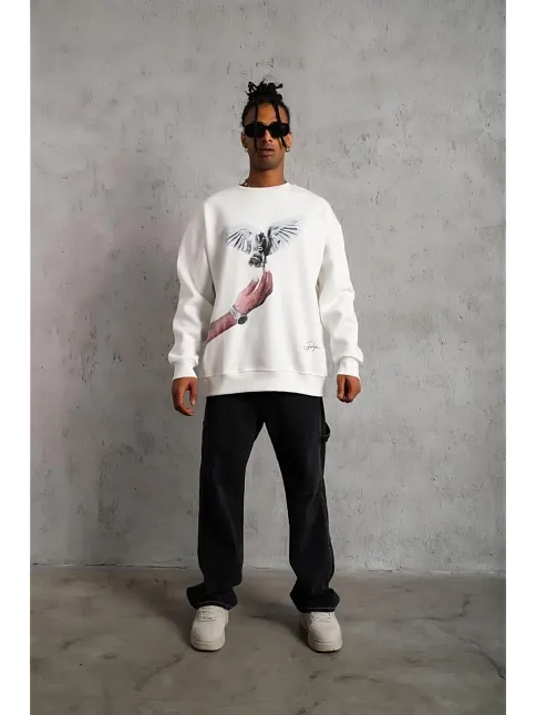Erkek Güvercin Baskılı 3 İplik Pamuklu Bisiklet Yaka Sweatshirt - Beyaz