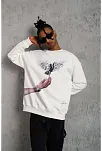 Erkek Güvercin Baskılı 3 İplik Pamuklu Bisiklet Yaka Sweatshirt - Beyaz
