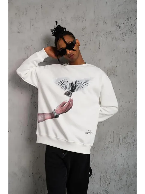 Erkek Güvercin Baskılı 3 İplik Pamuklu Bisiklet Yaka Sweatshirt - Beyaz