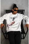 Erkek Güvercin Baskılı 3 İplik Pamuklu Bisiklet Yaka Sweatshirt - Beyaz