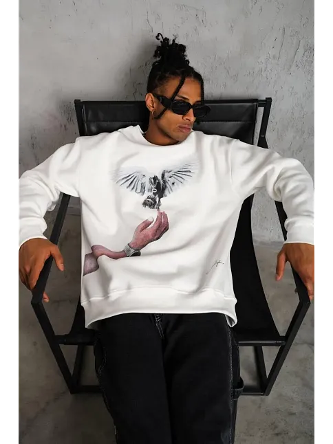 Erkek Güvercin Baskılı 3 İplik Pamuklu Bisiklet Yaka Sweatshirt - Beyaz