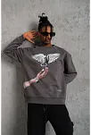 Erkek Güvercin Baskılı 3 İplik Pamuklu Bisiklet Yaka Sweatshirt - Gri