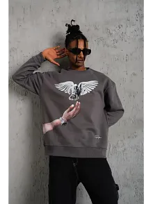 Erkek Güvercin Baskılı 3 İplik Pamuklu Bisiklet Yaka Sweatshirt - Gri