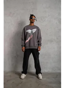 Erkek Güvercin Baskılı 3 İplik Pamuklu Bisiklet Yaka Sweatshirt - Gri