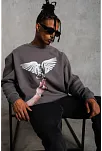Erkek Güvercin Baskılı 3 İplik Pamuklu Bisiklet Yaka Sweatshirt - Gri