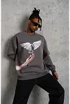Erkek Güvercin Baskılı 3 İplik Pamuklu Bisiklet Yaka Sweatshirt - Gri