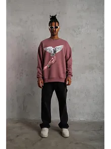 Erkek Güvercin Baskılı Bisiklet Yaka Sweatshirt 3 İplik Pamuklu - Gül Kurusu