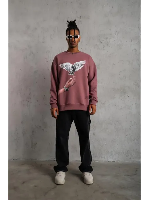 Erkek Güvercin Baskılı Bisiklet Yaka Sweatshirt 3 İplik Pamuklu - Gül Kurusu