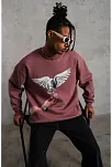 Erkek Güvercin Baskılı Bisiklet Yaka Sweatshirt 3 İplik Pamuklu - Gül Kurusu