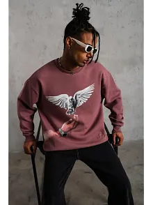 Erkek Güvercin Baskılı Bisiklet Yaka Sweatshirt 3 İplik Pamuklu - Gül Kurusu