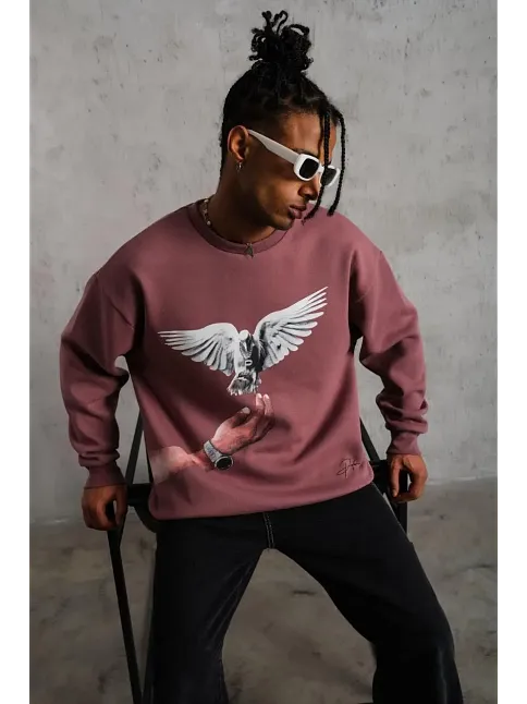Erkek Güvercin Baskılı Bisiklet Yaka Sweatshirt 3 İplik Pamuklu - Gül Kurusu