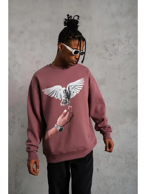 Erkek Güvercin Baskılı Bisiklet Yaka Sweatshirt 3 İplik Pamuklu - Gül Kurusu