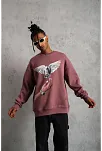 Erkek Güvercin Baskılı Bisiklet Yaka Sweatshirt 3 İplik Pamuklu - Gül Kurusu