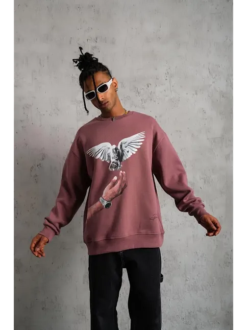 Erkek Güvercin Baskılı Bisiklet Yaka Sweatshirt 3 İplik Pamuklu - Gül Kurusu