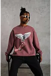 Erkek Güvercin Baskılı Bisiklet Yaka Sweatshirt 3 İplik Pamuklu - Gül Kurusu