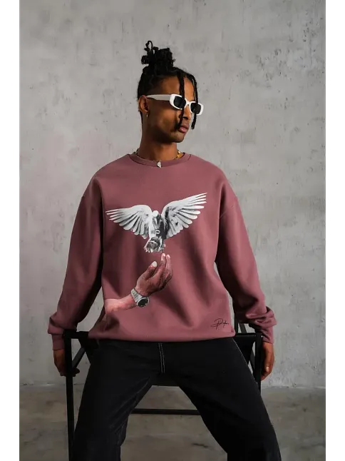 Erkek Güvercin Baskılı Bisiklet Yaka Sweatshirt 3 İplik Pamuklu - Gül Kurusu