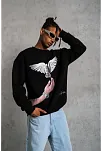 Erkek Güvercin Baskılı 3 İplik Bisiklet Yaka İpamuklu Sweatshirt - Siyah