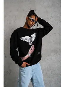 Erkek Güvercin Baskılı 3 İplik Bisiklet Yaka İpamuklu Sweatshirt - Siyah