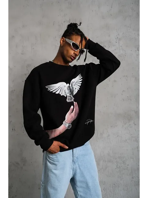Erkek Güvercin Baskılı 3 İplik Bisiklet Yaka İpamuklu Sweatshirt - Siyah