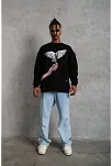 Erkek Güvercin Baskılı 3 İplik Bisiklet Yaka İpamuklu Sweatshirt - Siyah