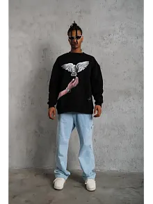 Erkek Güvercin Baskılı 3 İplik Bisiklet Yaka İpamuklu Sweatshirt - Siyah