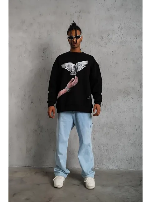 Erkek Güvercin Baskılı 3 İplik Bisiklet Yaka İpamuklu Sweatshirt - Siyah