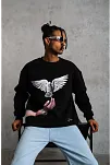 Erkek Güvercin Baskılı 3 İplik Bisiklet Yaka İpamuklu Sweatshirt - Siyah