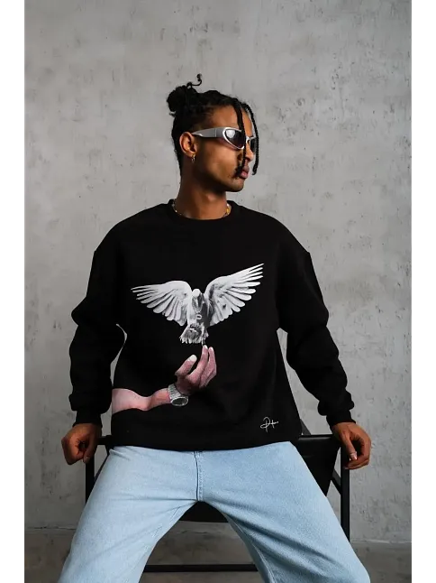 Erkek Güvercin Baskılı 3 İplik Bisiklet Yaka İpamuklu Sweatshirt - Siyah