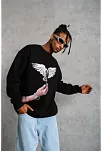 Erkek Güvercin Baskılı 3 İplik Bisiklet Yaka İpamuklu Sweatshirt - Siyah